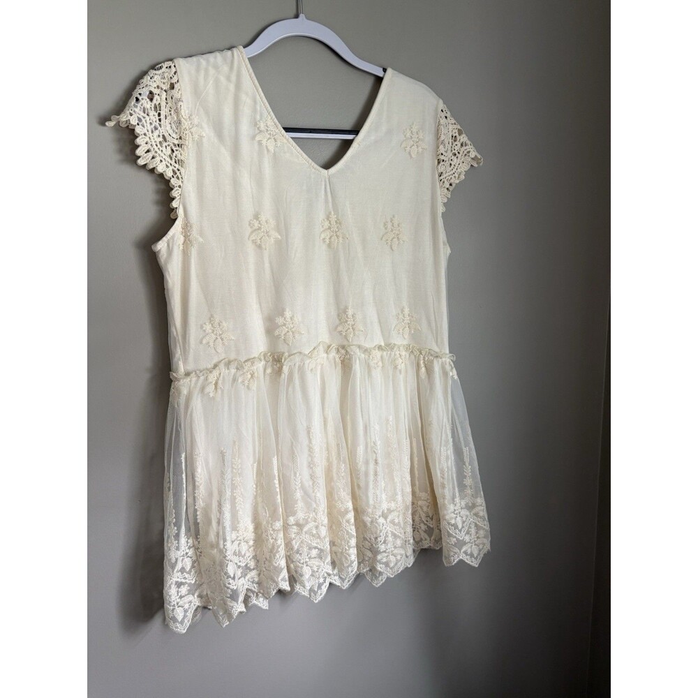 Indigo Thred Co Ivory Embroidered Lace Peplum Tank Coquette Angelcore Fairy Sz L